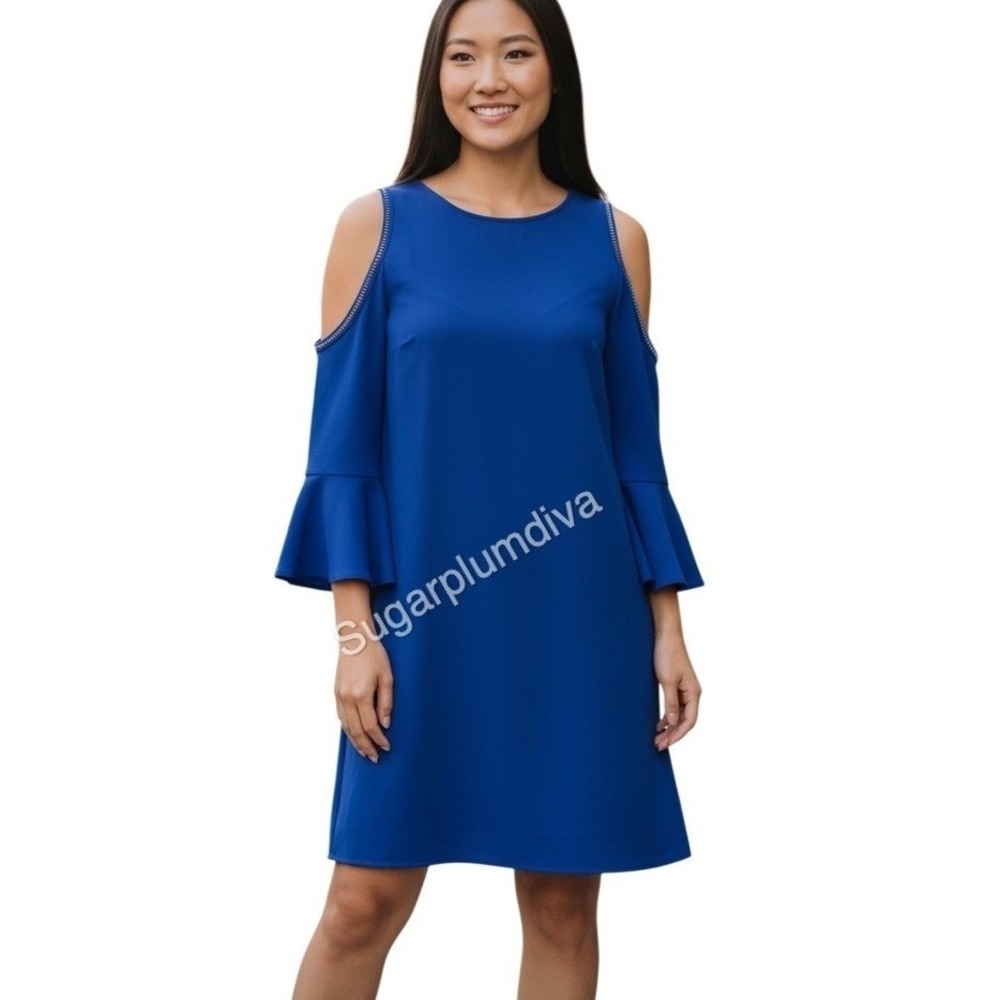 Laundry Shelli Segall Blue Cold Shoulder Bell Sleeves Shift Dress 8 Fashionista